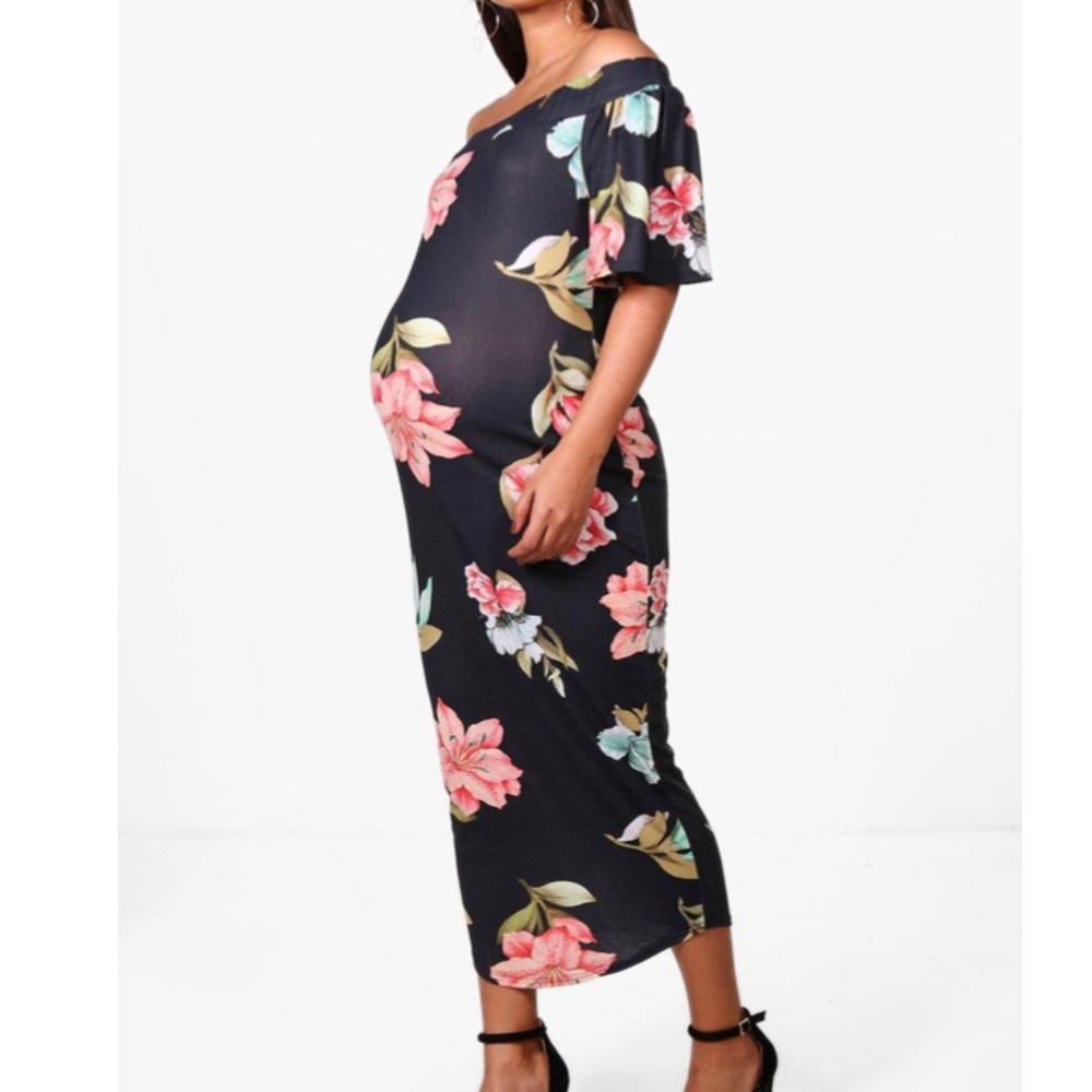 Off the shoulder floral maternity midi dress